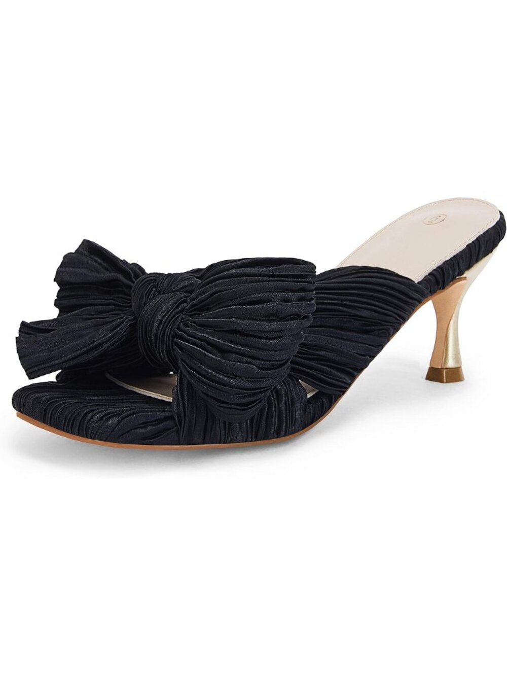 Women's Black Pleated Bowknot Open Square Toe Mules Slip On Cute Kitten Heels
